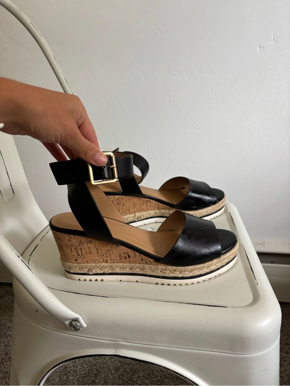 Soda Black Cork Espadrille Wedge Sandals with Gold Buckle